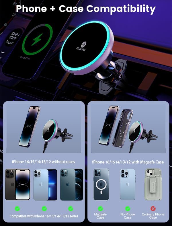 for Magsafe Car Mount Charger-15W Wireless Car Charger-Magnetic Car Phone Holder for Dash Air Vent-LED RGB HandsFree Car Mount Fast Car Charger for iPhone 14/13/12 Series