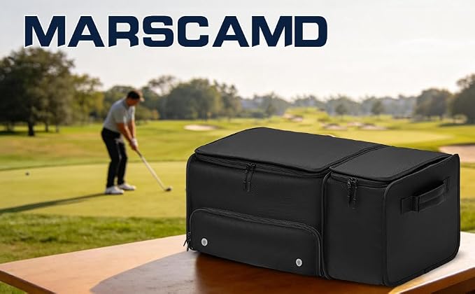 Golf Organizer for Car Trunk with Cooler, Anti-Sag Design, Ventilated Shoe Compartment, 2-Layer Storage Bag for Golf Accessories, Fits SUVs & Sedans - Black