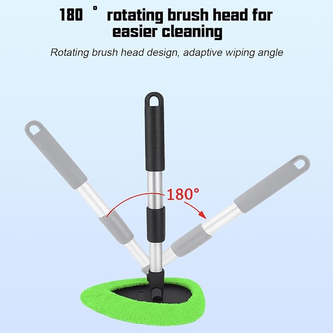 Car Windshield Cleaner Tool, Vehicle Window Detailing Cleaning Kit with Extendable Handle & 4 Washable Microfiber Pad, Auto Glass Wiper Cleaner for Exterior & Interior, Universal Fit (Green)