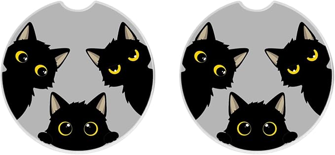 Cute Black Cats Ceramic Cup Holders Car Coasters Set for Women/Men,Drink Cup Car Holder Coasters with A Finger Notch 2.56" Pack of 2.