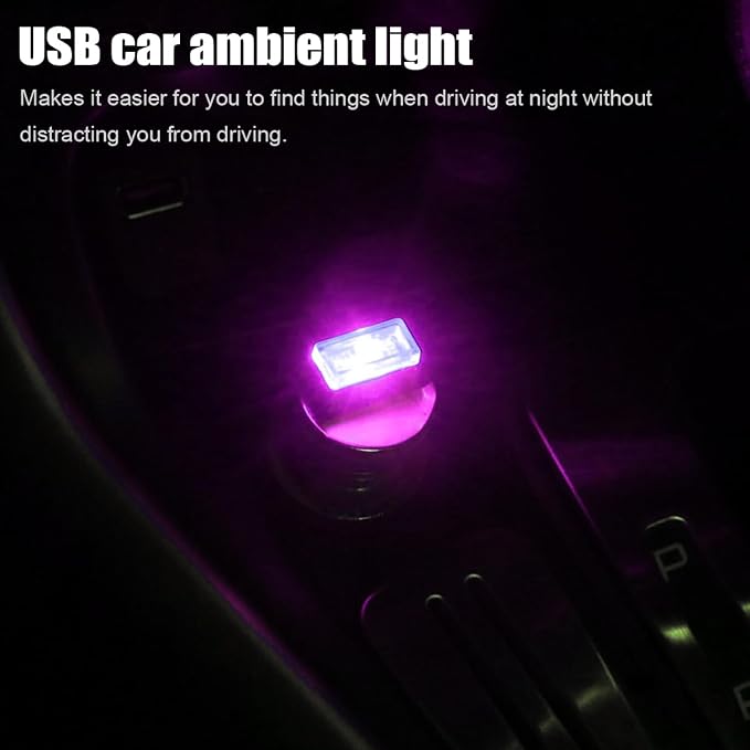 Car Interior Atmosphere Lamp, Plug-In USB Interface LED Vehicle Ambient Lighting Kit, Portable Mini Automotive Night Light Decoration Accessories, Universal for SUV, Sedan, Truck (Pink/Purple)