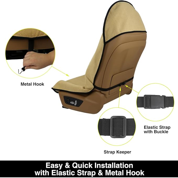 Waterproof Towel Car Seat Cover, Sweatproof Non-Slip Seat Protector, Universal Fit for Front Bucket or Rear Bench Seat of Cars, SUVs, Vans, Trucks, Compatible with Airbags and Armrests (Beige, 2 Pack)