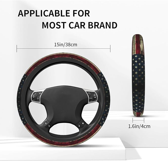 American Flag Wood Steering Wheel Cover Car Accessories Cute for Women Girls Girly Universal 15 Inch Neoprene Auto Interior Decor Anti Slip Car Truck Protector