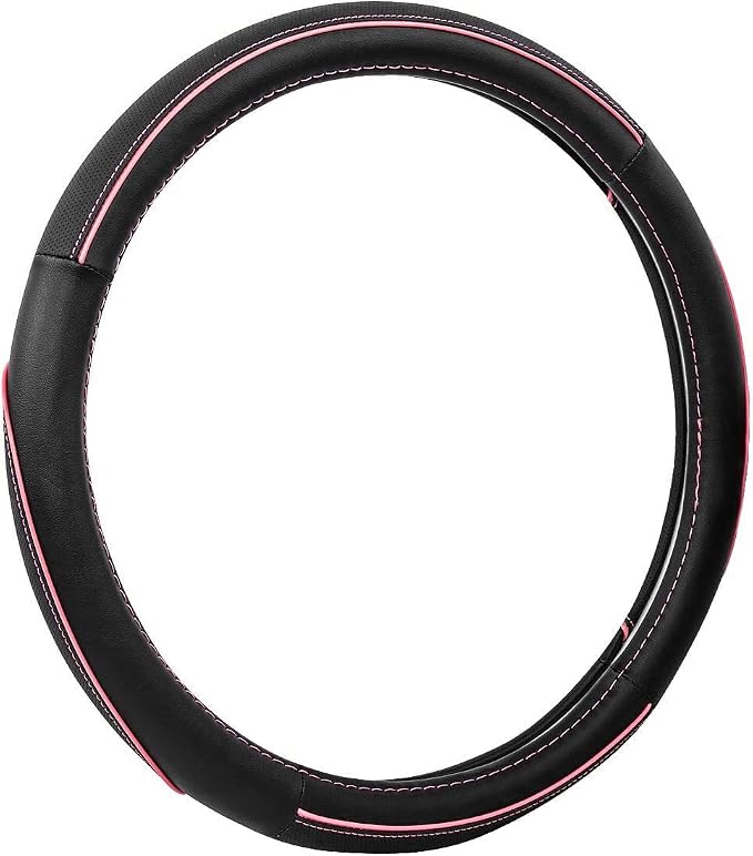 Colour Piping Leather Universal Fit Steering Wheel Cover, Perfectly fit for 14.5-15 inches Suvs, Vans, Trucks, Sedans, Cars (Black&Pink)