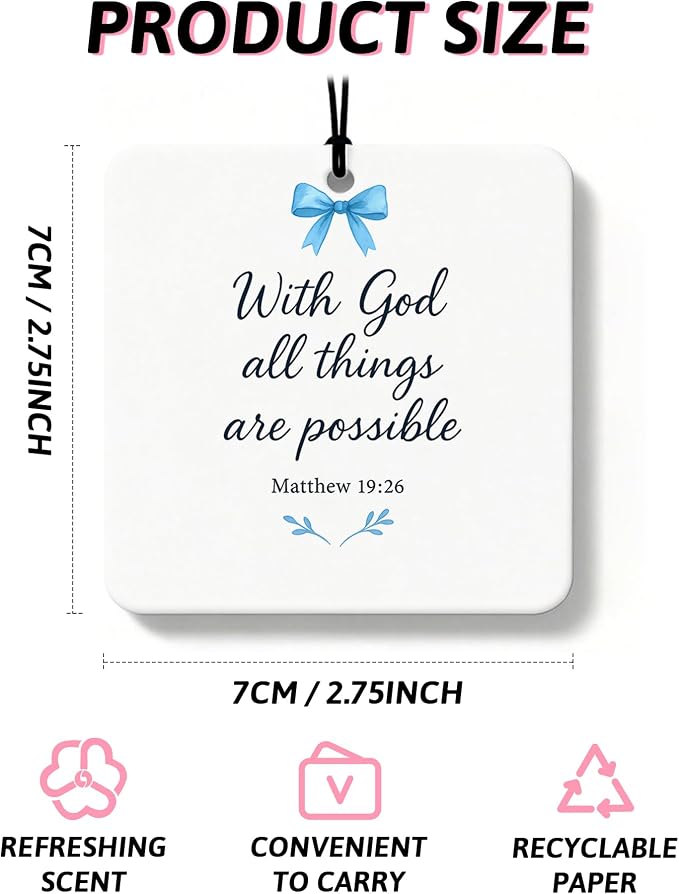 Inspirational Christian Orange Car Air Freshener 4 Pcs, Blue Coquette Bow Religious Square Hanging Air Freshener for Closet Drawer Books, Girly Christian Car Accessories Mirror Decor for Women