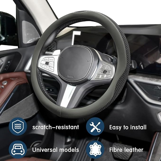 Car Steering Wheel Cover, Steering Wheel Accessories, Universal 15 Inch Microfiber Breathable LCE Silk, Car Accessories Breathable Anti-Slip Protector Universal for SUV Sedan Truck (Gray)
