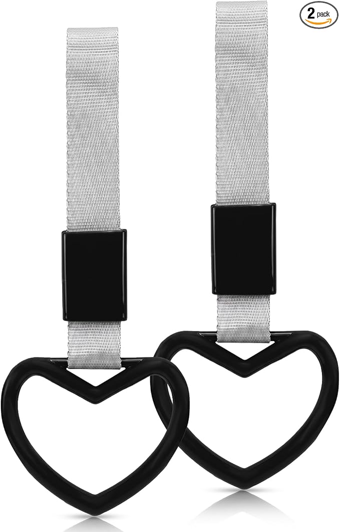 2 Pcs Heart Shaped Car Handle Strap – JD M Drift Charm Rear Bumper Warning Ring Decor for Car Interior Exterior, Subway Bus Handle Accessory, Cute Heart Car Decor Gift for Drivers (Black-Silver)
