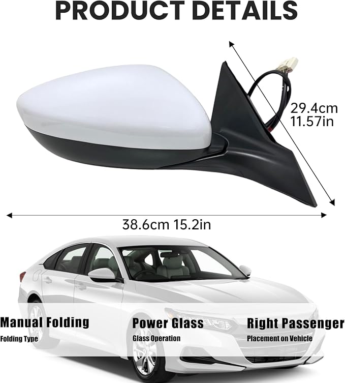 Right Passenger Side Mirror Compatible with 2018-2022 Honda Accord LX Sport Power Glass | Heated | with Blind Spot | Manual Folding Repalces HO1321329 (7Pins-Pearl White)