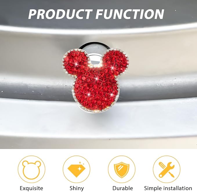 Bling Car Tire Valve Stem Caps, 4PCS Dustproof Crystal Rhinestone Cartoon Mouse Design, Sparkling Attractive Auto Wheel Decoration Accessories, Universal Fit (Red)