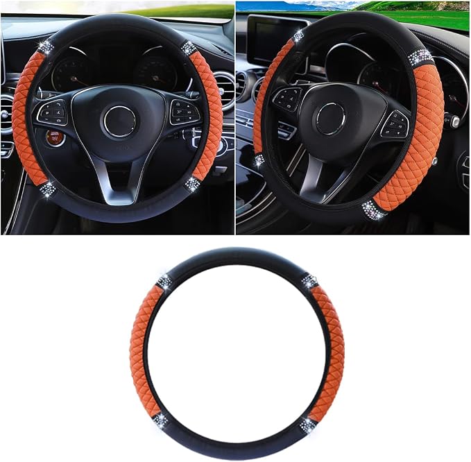 15 Inch Bling Soft Leather Car Steering Wheel Cover, Orange | Colorful Rhinestones Design, Auto Elastic Protector for Women Girls, Crystal Diamond Car Accessories for Most Cars, SUVs