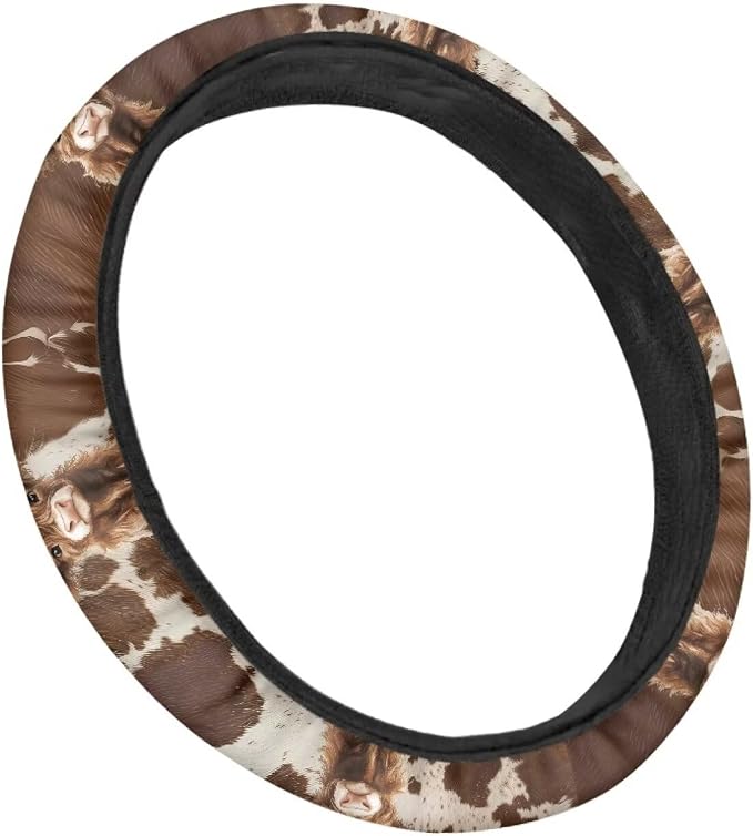 Retro Brown Sunflower Cow Pattern Wear-Resistant Steering Wheel Cover Fit for 15 inches Car Wheel Protector Automotive Accessories Universal Fit Car Van SUV Truck