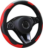 Car Steering Wheel Cover, 15 inch Carbon Fiber Microfiber Anti-Slip Breathable PU Leather Elastic Steering Wheel Protector, Car Interior Accessories for Most Cars (Red)