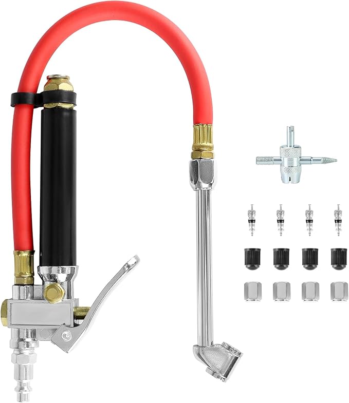 10-120 PSI Tire Inflator Gauge - Dual Head Chuck, 12-Inch Hose, Leak-Free Valve Core, Chrome-Plated Cast Steel, with 4 Way Tool and Valve Cores Tire Pressure Gauge