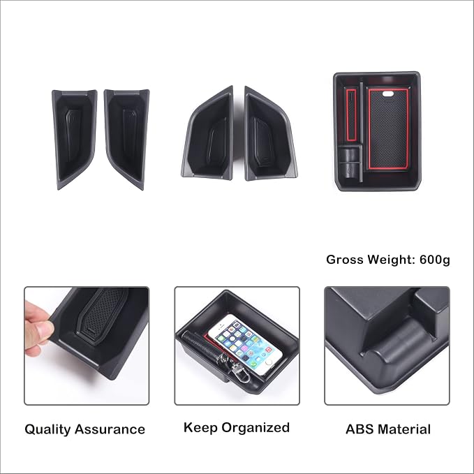 Car Center Console Organizer Tray Compatible with Audi Q4 E-Tron 2022 2023 2024 2025, ABS Front Rear Side Door Grab Handle Storage Box & Armrest Storage Tray With Anti-slip Mat Insert Accessories