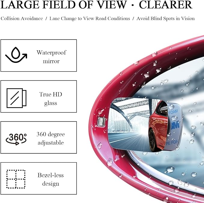 2 PCS Car Blind Spot Mirror, Fan Shaped HD Glass Convex 360° Rotating Wide Angle Side Mirror, Frameless Car Blindspot Mirror for Larger Image and Traffic Safety (Rectangular)