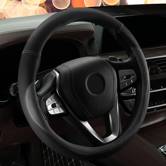Car Steering Wheel Cover - Universal Car Accessory for Diverse Cars, Durable Leather Cover with Anti-Slip Lining, for Steering Wheel with a Diameter of 14.5"-15",Gray