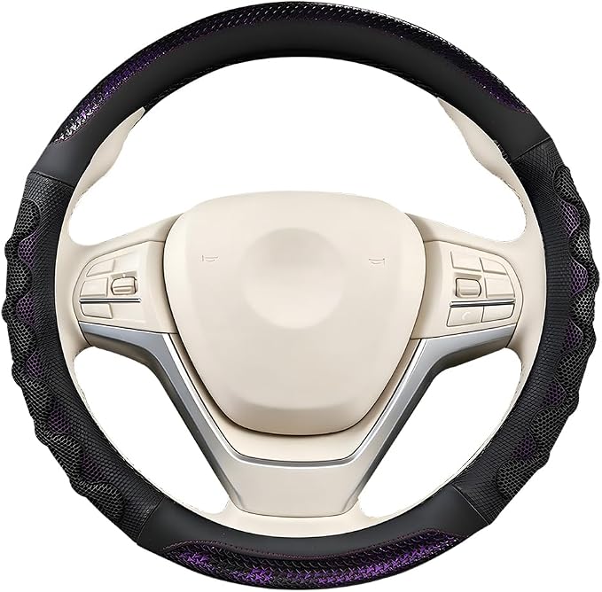 Car Steering Wheel Cover, 14.5-15" Anti-Slip Steering Wheel Protector with 3D Honeycomb Massage Grip, Comfortable Auto Interior Decor Accessories, Universal for SUV Van Truck (Black/Purple)