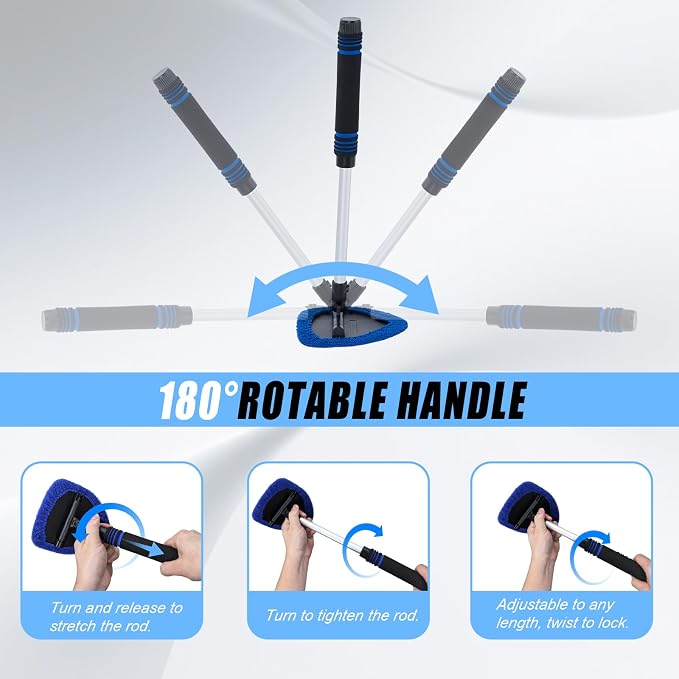 7 PCS Windshield Cleaning Tool, 19" Windshield Cleaner Kit with Extendable Handle, Microfiber Towel Pads, Brush, Empty Spray Bottle for Auto Glass Interior (Blue)