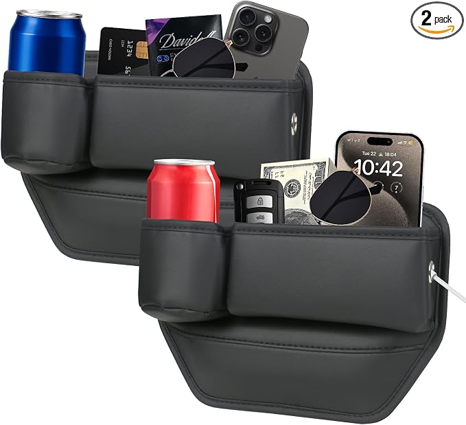 Car Seat Gap Filler with Cup Holder (2-Pack) for Driver & Passenger Side, PU Leather Seat Gap Plug Organizer for Phones Keys Cards, Universal Fit for Cars SUVs Trucks, Black