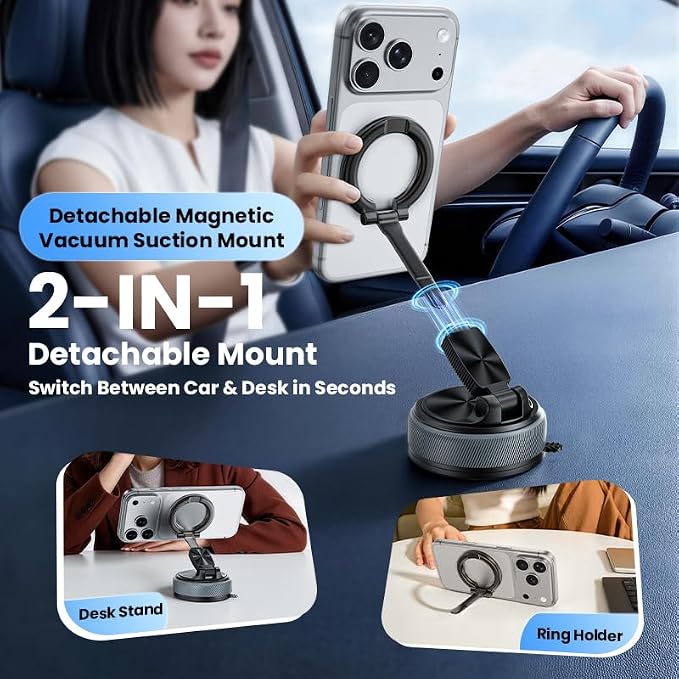 Magnetic Car Phone Mount, 2-in-1 Detachable Ring Stand for Desk & Dashboard, 360° Triple Axis Windshield Holder, N52 Strong Magnet, Universal Fit, Includes 2 Metal Plates,（Grey）