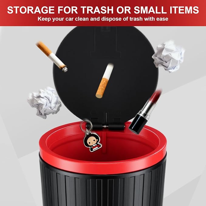 Car Trash Can with Lid, Leakproof Mini Garbage Bin for Car Cup Holder, Small Trash Can for Vehicle, Home & Office - Includes 30 Bags, Easy Clean (Black-Red)