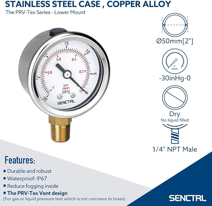 30inHg Vacuum Pressure Gauge, 2" Dial, 1/4 NPT Lower Mount, Waterproof, Stainless Steel Case, for Tube Tester, HVAC, Pneumatic Air Compressor, Hand Pump, Valve Test