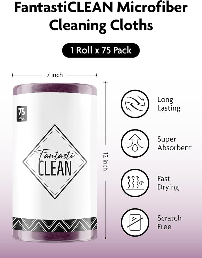 Microfiber Cleaning Cloth Roll-75 Sheets, 12"x12"(DeepPurple) | Super Absorbent, Lint-free, Tear-away Microfiber Towel Roll, for All-Purpose Cleaning