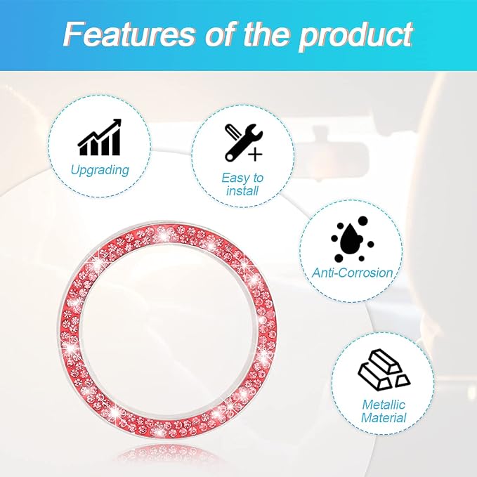 Car Bling Crystal Rhinestone Engine Start Ring Decals, 2 Pack Car Push Start Button Cover/Sticker, Key Ignition Knob Bling Ring, Sparkling Car Interior Accessories for Women (Double Red)