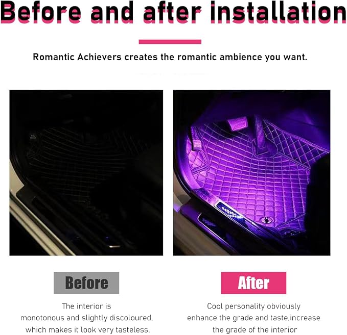 Car LED Strip Light, 24 LEDs RGB Neon Interior Atmosphere Lights, 12V Under Dash Ambient Night Light, USB Port Auto Interior Decorative Lamp, Universal Car Accessories (Pink Purple)