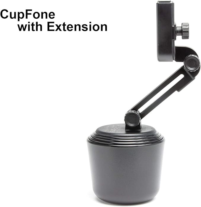 CupFone with Extension – Adjustable, Universal Cup Holder Cell Phone Mount Car & Truck Accessory – Best Design for iPhone & Smartphone Charging – Black Plastic Knobs