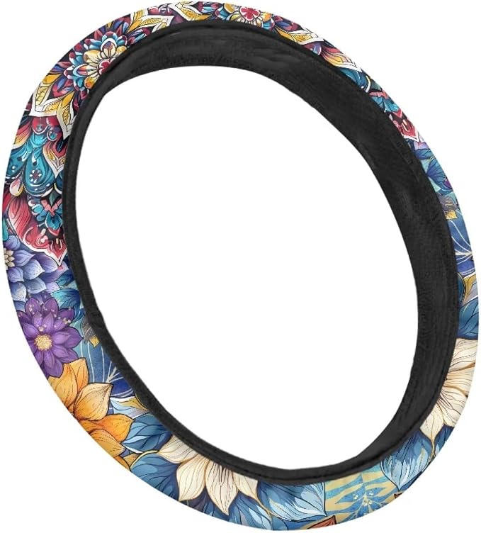 Car Steering Wheel Covers for Womens Boho Flower Steering Wheel Cover Soft Anti-Slip Rubber Stretch-on Steering Wheel Protector Cover Sweat Auto Accessories Interior Decor
