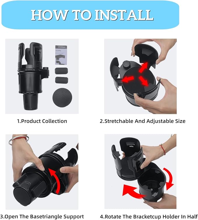 Cup Holder Expander for Car, 2-in-1 Car Cup Holder Expander Adapter with 360° Adjustable Base, Compatible with Most Large Bottles Drinks Mugs, Multiple Scenarios Use for Commuting, Road Trip (Black)