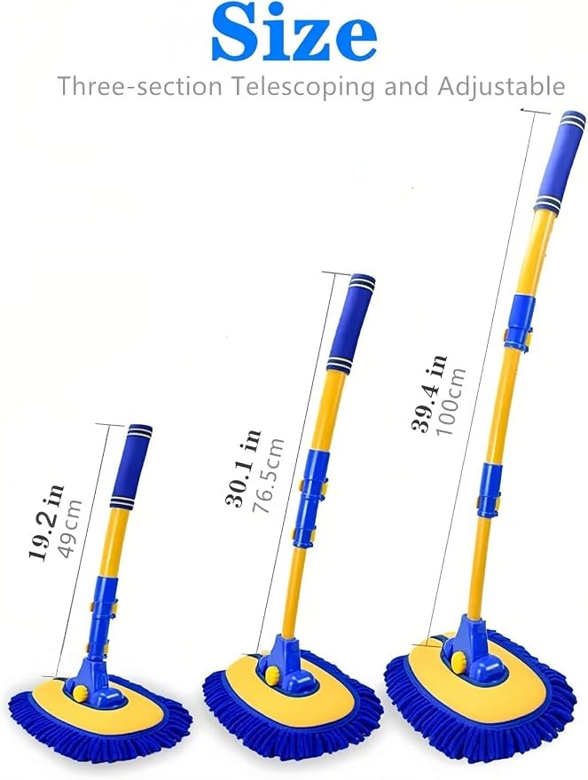 43'' Car Wash Brush with Long Handle Chenille Microfiber Car Wash Kit Mitt Retractable Bent Pole Car Wash Mop for Cars RV Truck Boat (Blue-1)
