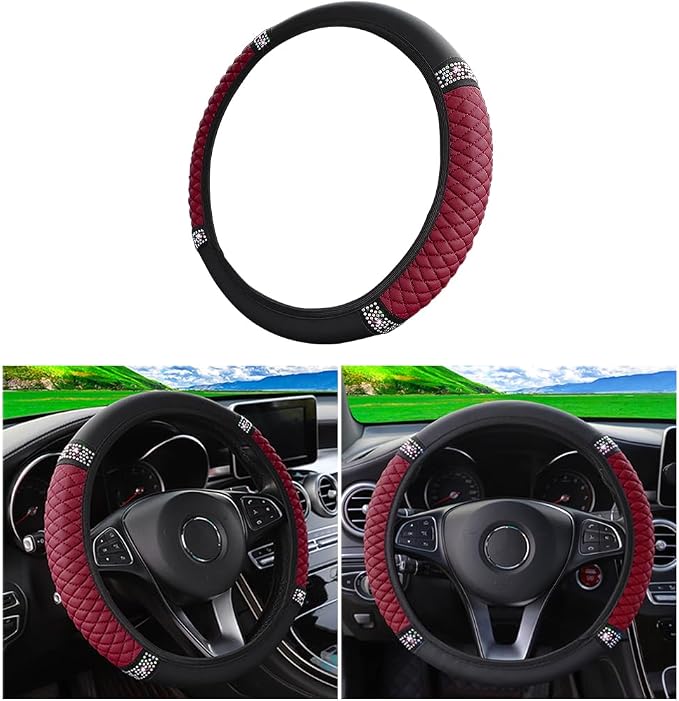 Bling Car Steering Wheel Cover, 15 Inch Rhinestones Soft Leather Elastic Steering Wheel Protector, Sparkly Crystal Diamond for Women Girls (Wine Red)