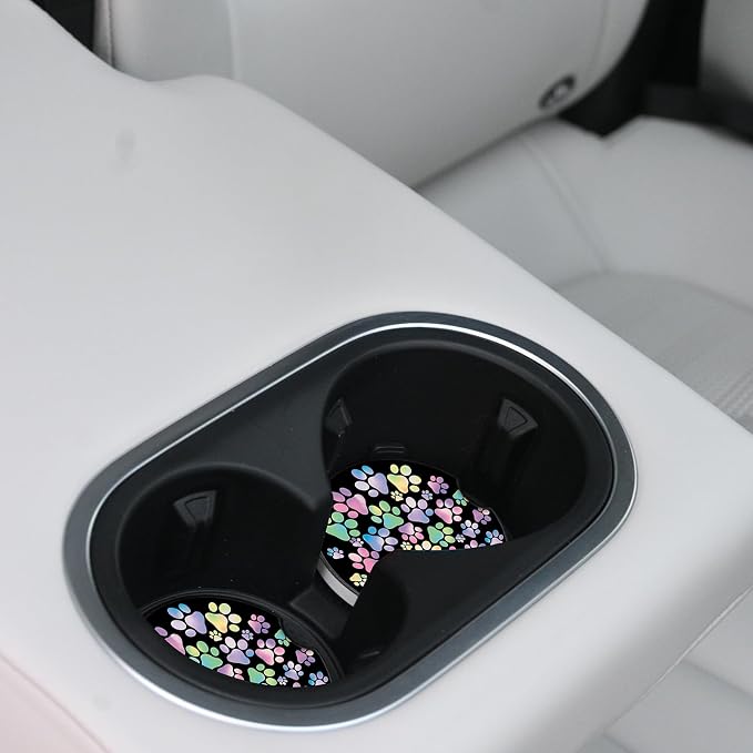 2 Pack Absorbent Car Coasters for Cup Holders,Gradient Colorful Dog paw Print Ceramic Coasters with Cork Back and Finger Slot,2.56" Auto Accessories for Women & Men.