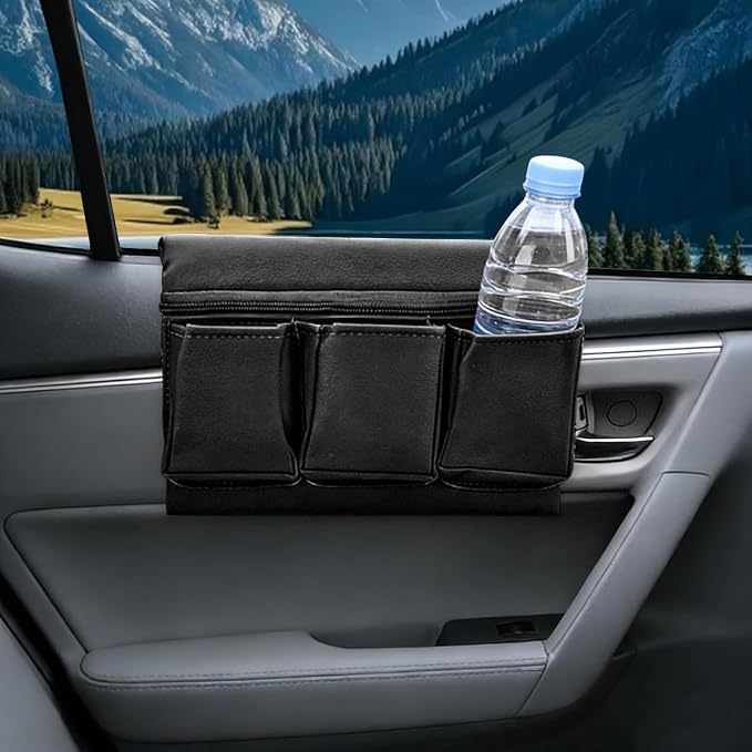 Car Window Armrest Storage Box, Leather Auto Side Door Arm Rest Pad Organizer with Multiple Pocket, Multifunctional Vehicle Armrest Elbow Pad Storage Bag, Universal Fit (Black)