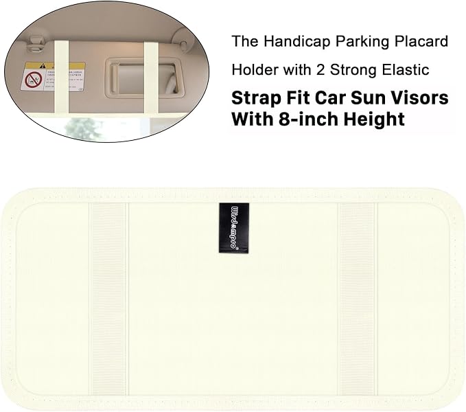 Handicap Placard Holder for Auto, Disabled Parking Permit Sign Protector for Car Sun Visor with Note Paper Slot, Pen Holder and Elastic Strap - Beige