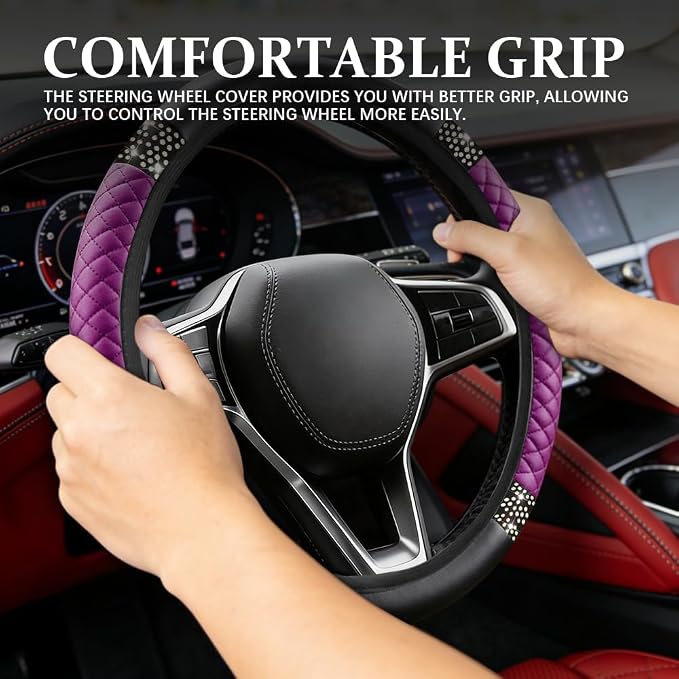 Bling Soft Leather Steering Wheel Cover, Steering Wheel Protector, 15 Inch Rhinestones Car Elastic Protector with Crystal Diamond for Women Girls, Car Accessory for Vehicles (Purple)