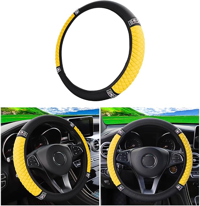 Bling Car Steering Wheel Cover, 15 Inch Rhinestones Soft Leather Elastic Steering Wheel Protector, Sparkly Crystal Diamond for Women Girls (Yellow)
