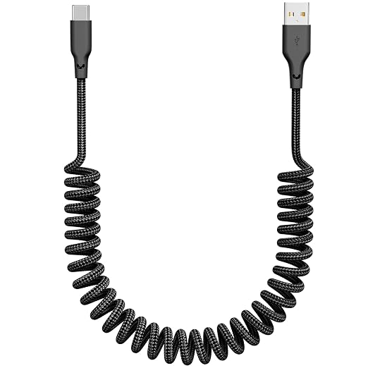 Coiled Car Carplay Charger Fast Charging，[1-Pack, 3Ft] Retractable Braid USB A to USB C Cable for iPhone 17/16/15/Plus/Pro Max/MacBook Pro, Type-C Cord,Black
