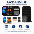 Car Sun Visor Organizer, Black Nylon MOLLE Panel | black nylon pouch with a MOLLE panel, strap-on organizer format, for cards, pens, small tools, and flat accessories
