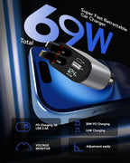 Retractable Car Charger Adapter for iPhone 17,4 in 1 Fast Charging Car Phone Charger,69W USB C Car Truck Accessories,Road Trip Essentials Gift for Men Women for iPhone 17/16/15/14/13/12,Galaxy S25