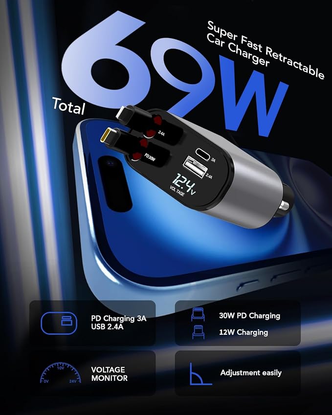 Retractable Car Charger Adapter for iPhone 17,4 in 1 Fast Charging Car Phone Charger,69W USB C Car Truck Accessories,Road Trip Essentials Gift for Men Women for iPhone 17/16/15/14/13/12,Galaxy S25