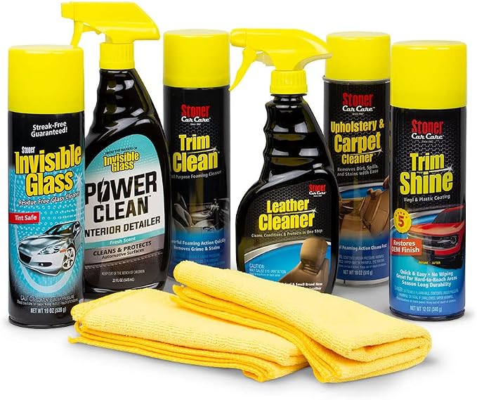99056 Interior Detailing 8-Piece Kit Includes Carpet and Upholstery Cleaner, Leather Cleaner, Trim Shine, Trim Clean, Premium Glass Cleaner, Power Clean, and Two Microfibers