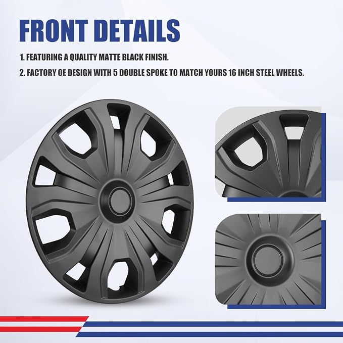 4Pcs 16 2014-2023 Wheel Hubcaps Rim Cover Fits for Ford Transit Connect | Steel PP Material Snap-On Installation inch Car ReplacementMatte Black