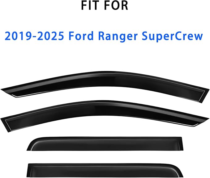 Tape On Window Visors for 2019-2025 Ford Ranger SuperCrew | 4PCS Smoke Rain Guards Wind Deflectors for Ranger SuperCrew 19-25,No Drilling,UV Resistant