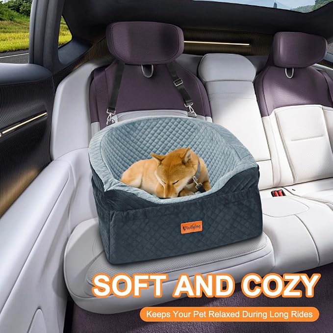 Dog Car Seat for Small & Medium Dogs, Detachable & Washable Booster Seat for Pets Up to 30lbs, Travel Bed with Storage Pockets and Safety Belt – Gray&Black