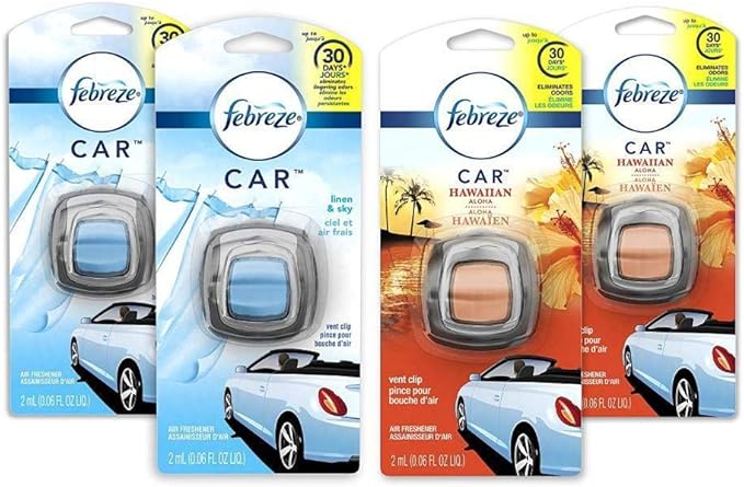 Car Air Fresheners, 2 Linen & Sky and 2 Hawaiian Aloha Scents, Odor Eliminator for Strong Odors (4 Count)