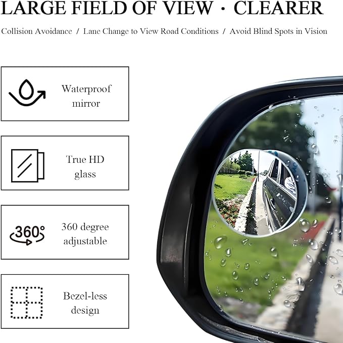 2 PCS Car Blind Spot Mirror, Round HD Glass Convex 360° Rotating Wide Angle Side Mirror, Frameless Car Blindspot Mirror with Self Adhesive for Larger Image and Traffic Safety