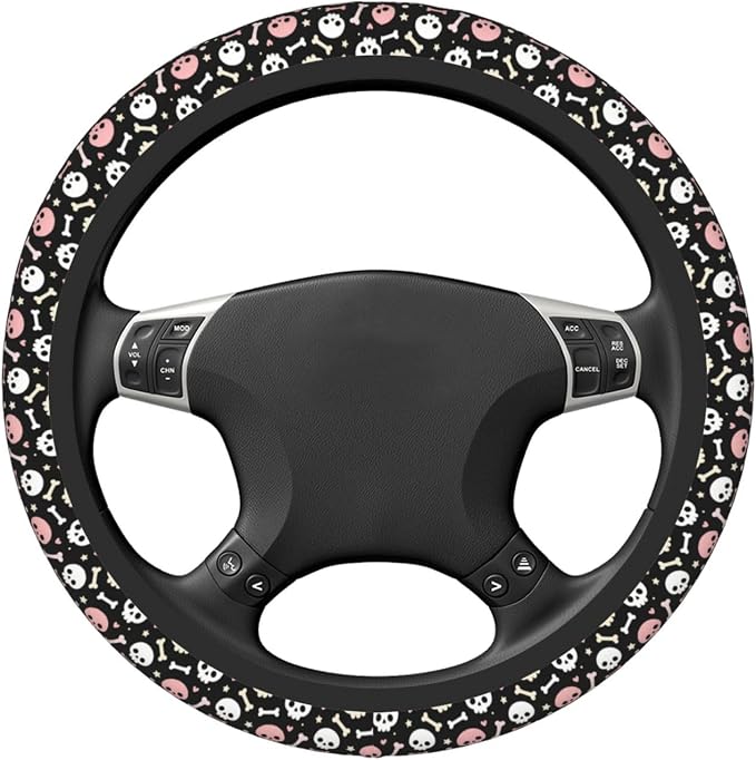 Universal 15 Inch Steering Wheel Cover, Pink & White Skull Pattern Non-Slip Neoprene Auto Car Wrap, Breathable & Durable Interior Protector for Most Vehicles, Cars, SUVs, and Trucks